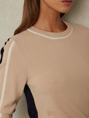 Reiss Neutral/Navy Annie Wool Blend Colourblock Crew Neck Jumper with Cashmere - Image 3 of 6