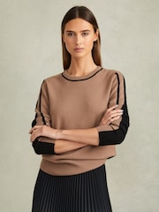 Reiss Mink/Black Annie Wool Blend Colourblock Crew Neck Jumper with Cashmere - Image 1 of 5