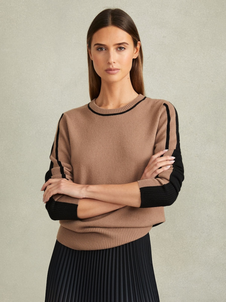 Reiss Mink/Black Annie Wool Blend Colourblock Crew Neck Jumper with Cashmere - Image 1 of 5