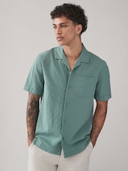 Green Seersucker 100% Cotton Short Sleeve Shirt with Cuban Collar - Image 1 of 7