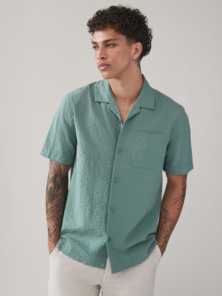 Green Seersucker 100% Cotton Short Sleeve Shirt with Cuban Collar - Image 1 of 7