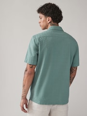 Green Seersucker 100% Cotton Short Sleeve Shirt with Cuban Collar - Image 2 of 7