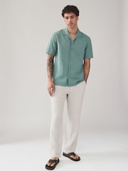 Green Seersucker 100% Cotton Short Sleeve Shirt with Cuban Collar - Image 3 of 7