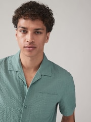 Green Seersucker 100% Cotton Short Sleeve Shirt with Cuban Collar - Image 4 of 7