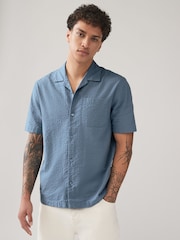 Blue Seersucker 100% Cotton Short Sleeve Shirt with Cuban Collar - Image 1 of 7