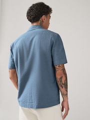 Blue Seersucker 100% Cotton Short Sleeve Shirt with Cuban Collar - Image 2 of 7