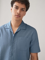 Blue Seersucker 100% Cotton Short Sleeve Shirt with Cuban Collar - Image 3 of 7