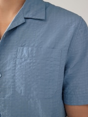 Blue Seersucker 100% Cotton Short Sleeve Shirt with Cuban Collar - Image 4 of 7