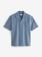 Blue Seersucker 100% Cotton Short Sleeve Shirt with Cuban Collar - Image 5 of 7