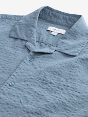 Blue Seersucker 100% Cotton Short Sleeve Shirt with Cuban Collar - Image 6 of 7