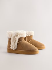 Tan Brown Faux Fur Lined Suede Boot Slippers - Image 5 of 9