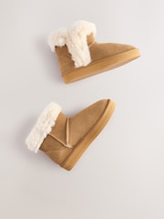 Tan Brown Faux Fur Lined Suede Boot Slippers - Image 8 of 9