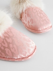 Pink Leopard Satin Jacquard Faux Fur Lined Mule Slippers - Image 7 of 8