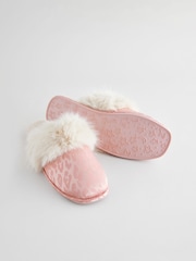 Pink Leopard Satin Jacquard Faux Fur Lined Mule Slippers - Image 8 of 8