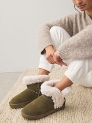 Khaki Green Faux Fur Lined Suede Boot Slippers - Image 1 of 8