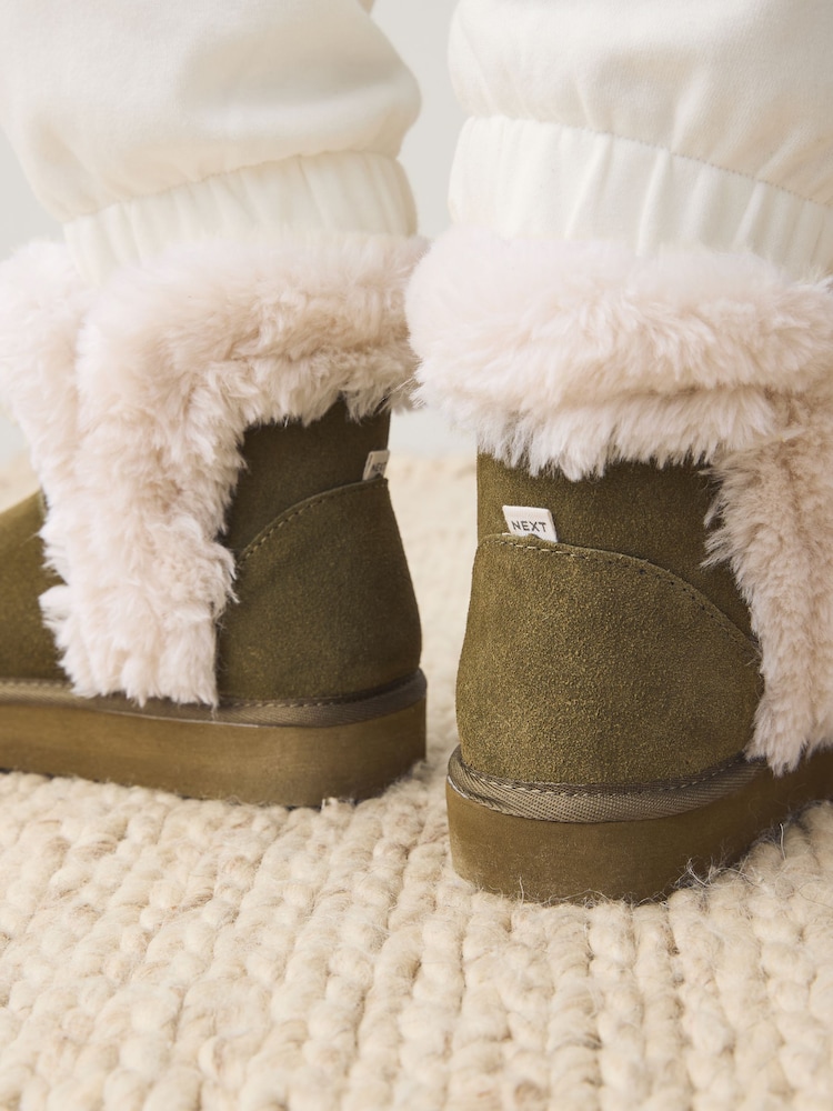Khaki Green Faux Fur Lined Suede Boot Slippers - Image 2 of 8