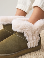 Khaki Green Faux Fur Lined Suede Boot Slippers - Image 3 of 8