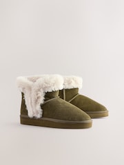 Khaki Green Faux Fur Lined Suede Boot Slippers - Image 4 of 8