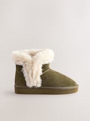 Khaki Green Faux Fur Lined Suede Boot Slippers - Image 5 of 8