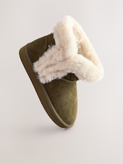 Khaki Green Faux Fur Lined Suede Boot Slippers - Image 7 of 8