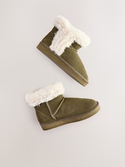 Khaki Green Faux Fur Lined Suede Boot Slippers - Image 8 of 8