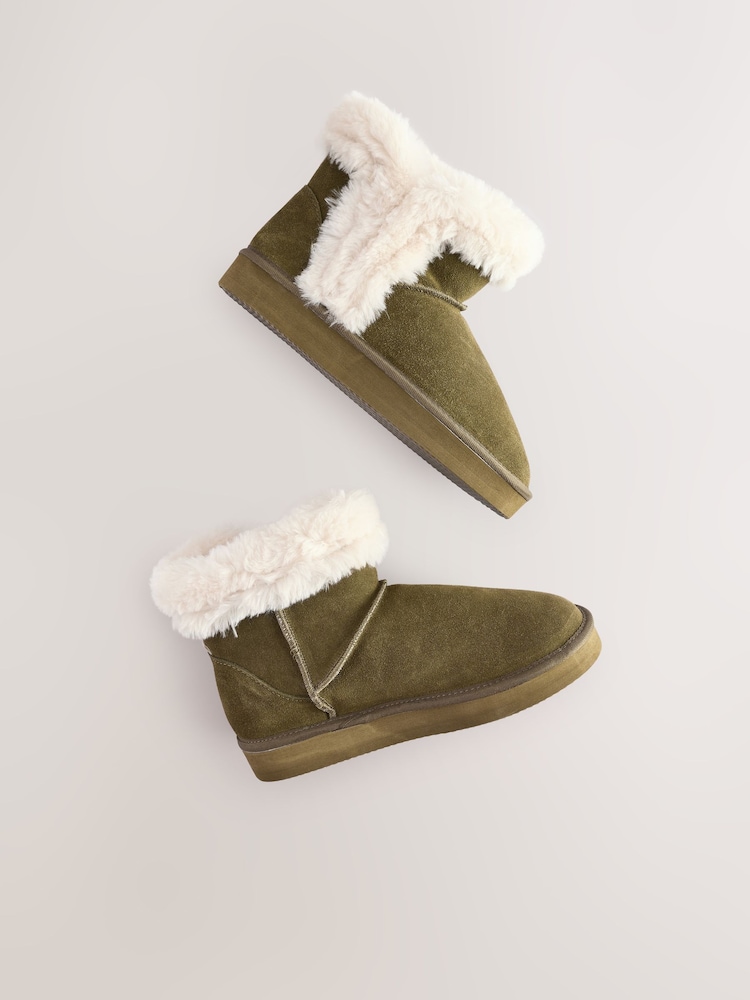 Khaki Green Faux Fur Lined Suede Boot Slippers - Image 8 of 8