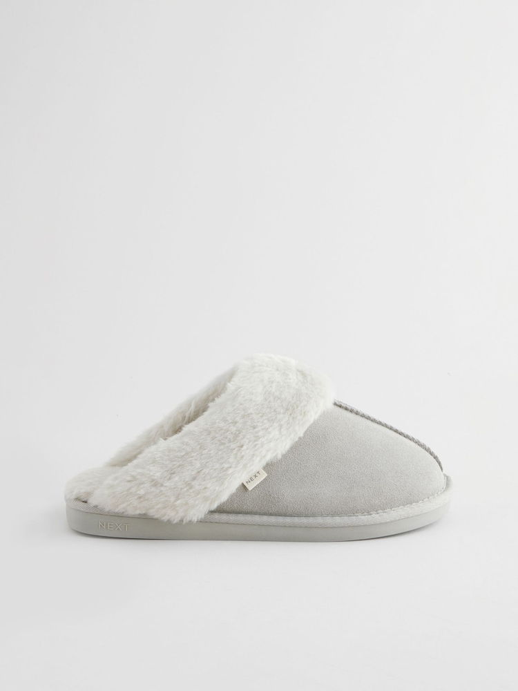 Gris - Chaussons mules en daim et fausse fourrure - Image 3 of 6