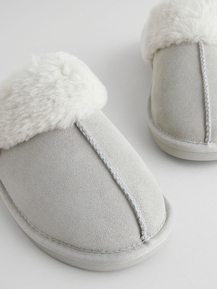 Gris - Chaussons mules en daim et fausse fourrure - Image 5 of 6
