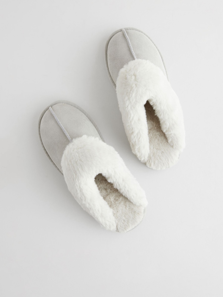 Gris - Chaussons mules en daim et fausse fourrure - Image 7 de 7