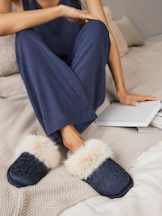 Navy Blue Leopard Satin Jacquard Faux Fur Lined Mule Slippers - Image 1 of 8