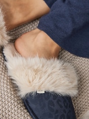 Navy Blue Leopard Satin Jacquard Faux Fur Lined Mule Slippers - Image 3 of 8
