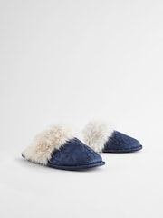 Navy Blue Leopard Satin Jacquard Faux Fur Lined Mule Slippers - Image 4 of 8