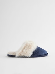 Navy Blue Leopard Satin Jacquard Faux Fur Lined Mule Slippers - Image 5 of 8