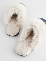 Navy Blue Leopard Satin Jacquard Faux Fur Lined Mule Slippers - Image 6 of 8