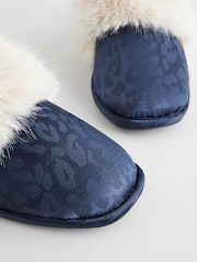 Navy Blue Leopard Satin Jacquard Faux Fur Lined Mule Slippers - Image 7 of 8