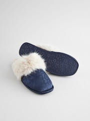 Navy Blue Leopard Satin Jacquard Faux Fur Lined Mule Slippers - Image 8 of 8