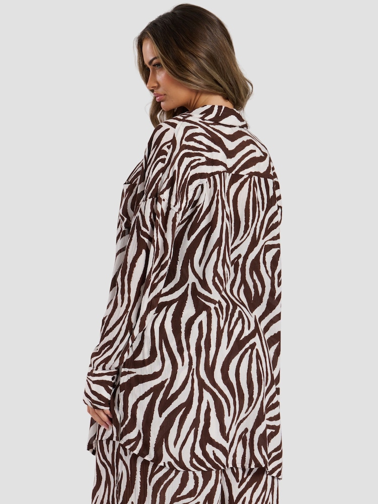 South Beach Brown Oversized Printed Crinkle Viscose Beach Shirt - Image 2 of 5