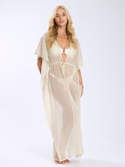 South Beach White Glitter 100% Cotton Net Open Maxi Kaftan - Image 1 of 4