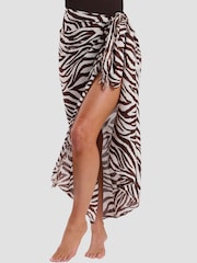 South Beach Brown Printed Crinkle Viscose Fringed Sarong - Image 1 of 5