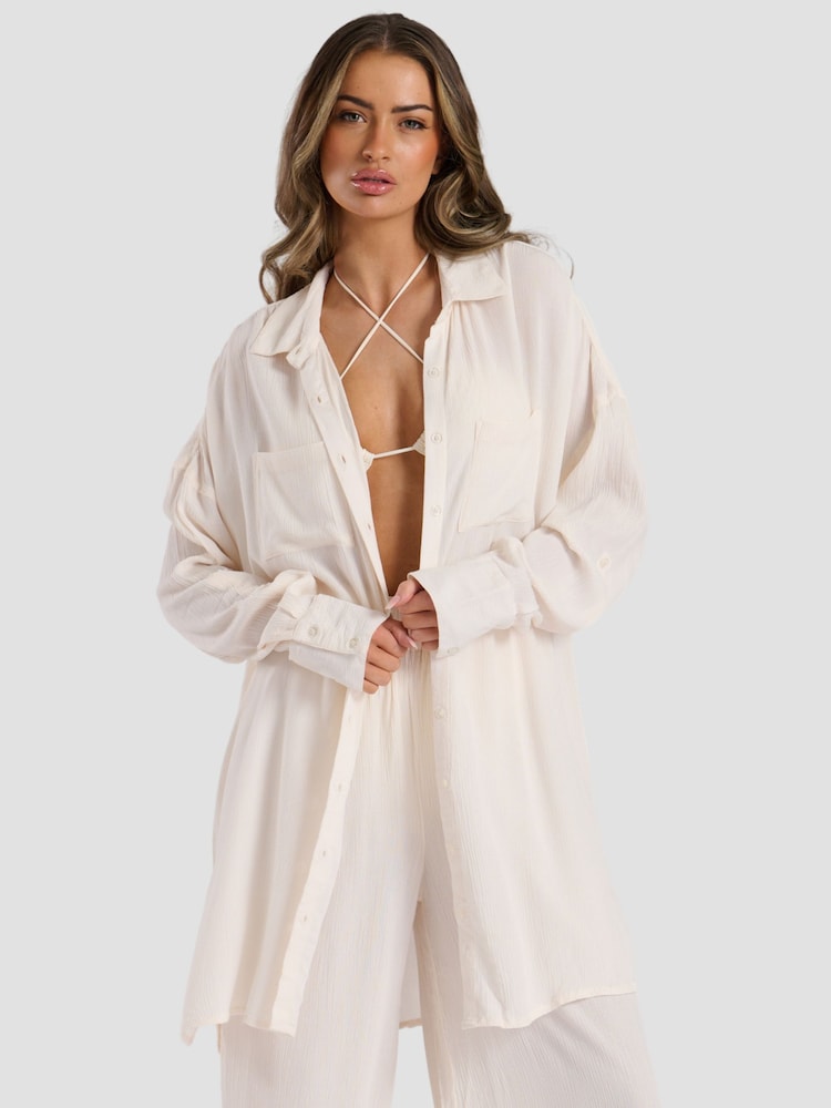 South Beach Cream Oversized Crinkle Viscose Beach Shirt - Image 5 of 5 South Beach Cream Oversized Crinkle Viscose Beach Shirt - Image 5 of 5