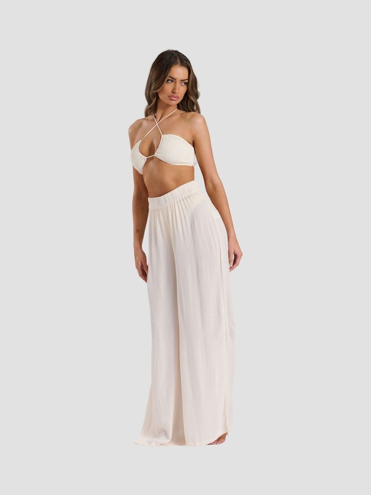South Beach Cream Crinkle Viscose Wide Leg Beach Trousers - Image 1 of 6 South Beach Cream Crinkle Viscose Wide Leg Beach Trousers - Image 1 of 6