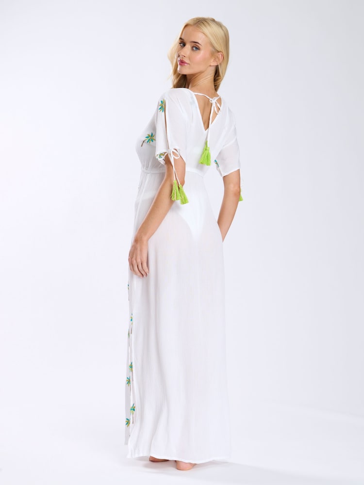 South Beach White Crinkle Viscose Wrap Front Maxi Dress With Embroidery - Image 2 of 3