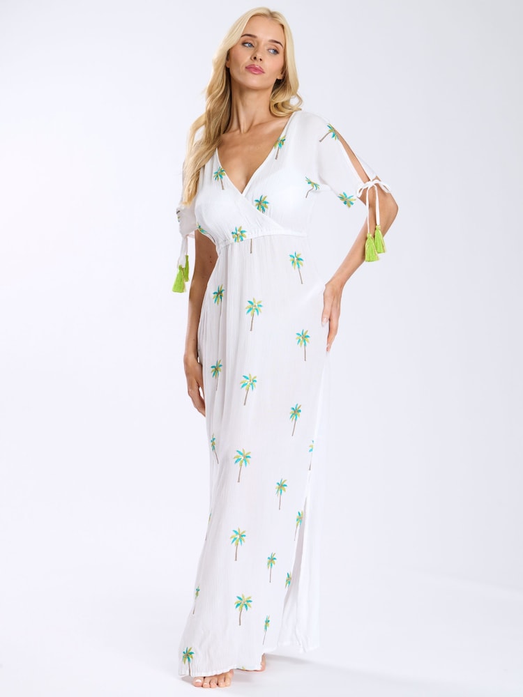 South Beach White Crinkle Viscose Wrap Front Maxi Dress With Embroidery - Image 3 of 3