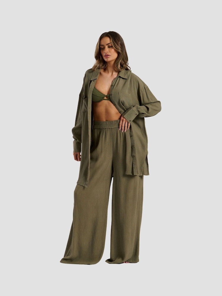 South Beach Green Oversized Crinkle Viscose Beach Shirt - Image 1 of 5