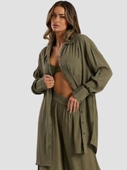 South Beach Green Oversized Crinkle Viscose Beach Shirt - Image 2 of 5