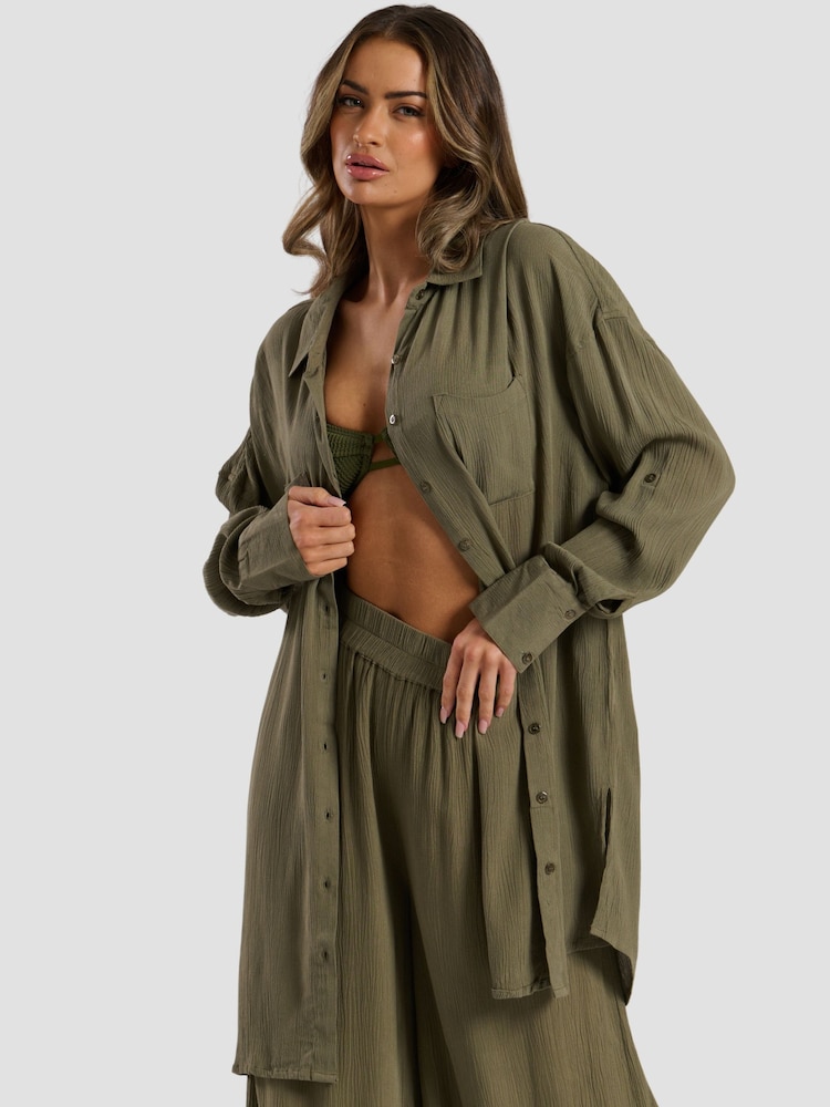 South Beach Green Oversized Crinkle Viscose Beach Shirt - Image 2 of 5