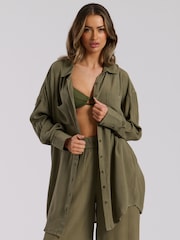 South Beach Green Oversized Crinkle Viscose Beach Shirt - Image 3 of 5