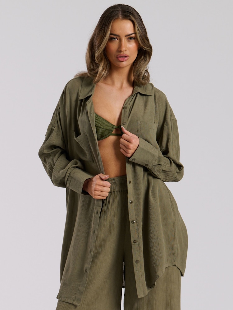 South Beach Green Oversized Crinkle Viscose Beach Shirt - Image 3 of 5