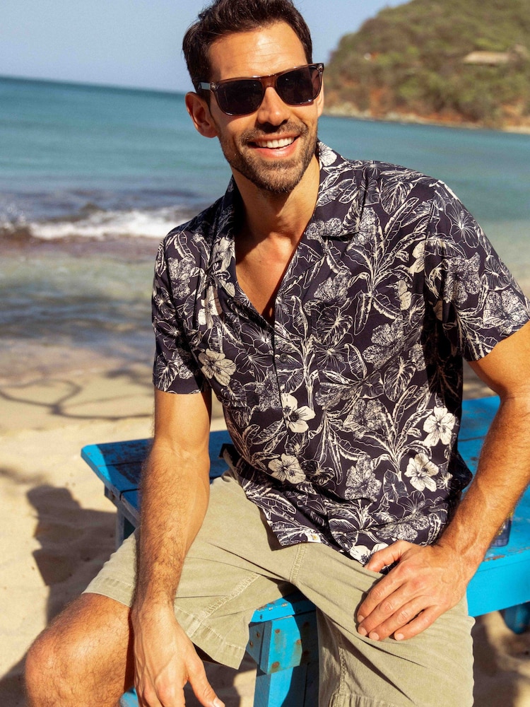 Weird Fish Navy Holborn Eco Viscose Printed Short Sleeve Shirt - Image 1 of 8
