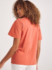 JD Williams Orange 100% Cotton Broderie Frill Jersey Back Top - Image 2 of 3